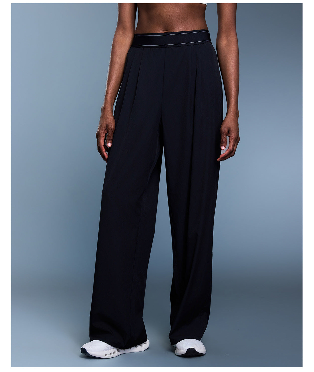 Black Lululemon yoga pants with white piping, elastic waistband, langry fashion ملابس