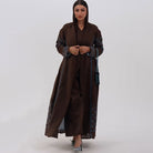 Brown abaya-style multicolor maxi dress with black lace sleeves