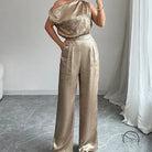 Gold metallic one-shoulder langry fashion jumpsuit, high waist casual golden design