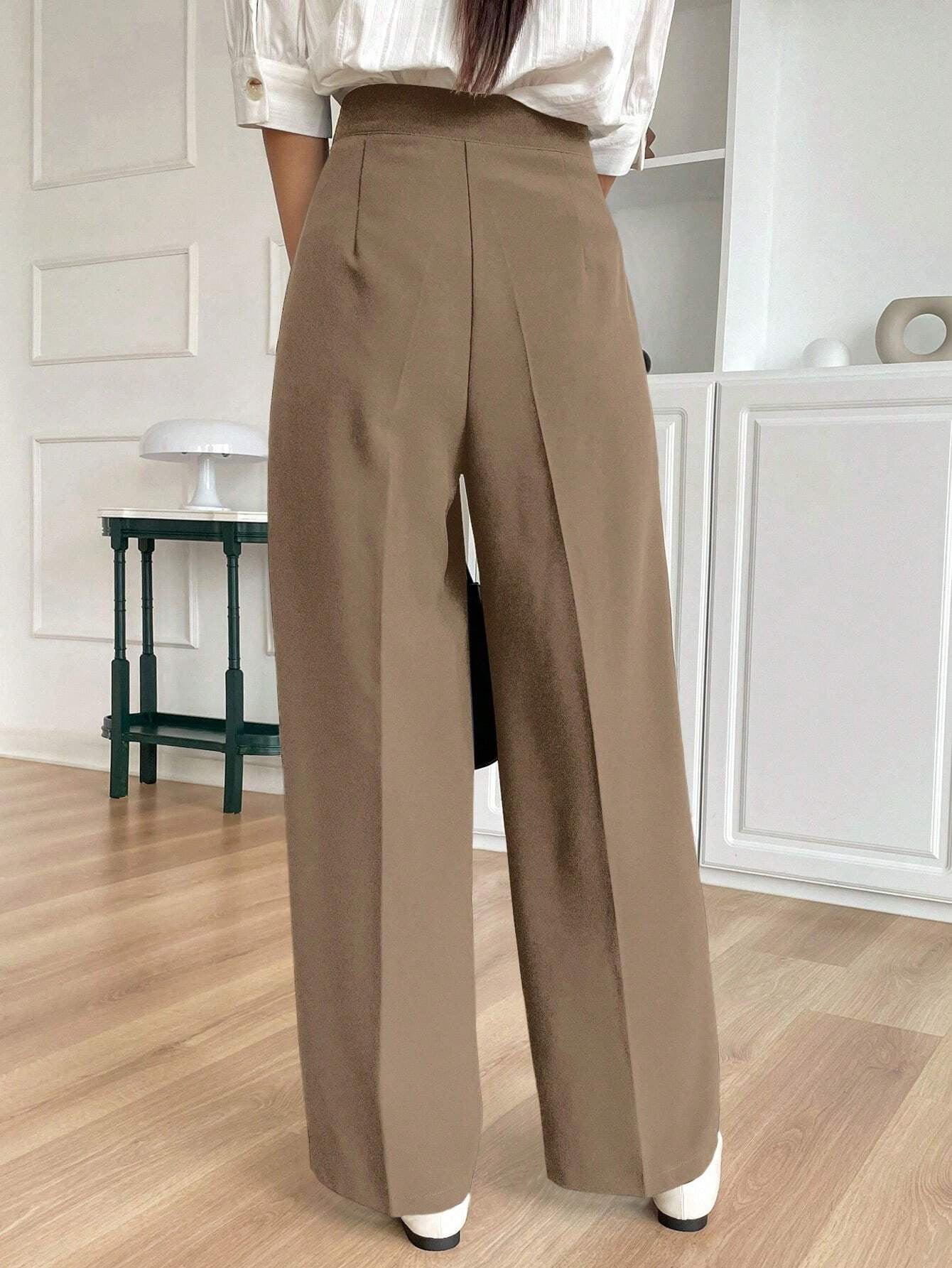 Langry beige high-waisted wide-leg fashion pants, slimming straight design