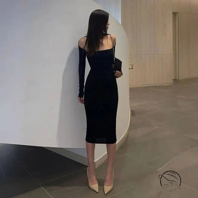 Black off-the-shoulder langry fashion midi dress in slim fit sheath style