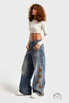 Fashionable high waist langry wide-leg denim trousers with floral embroidery