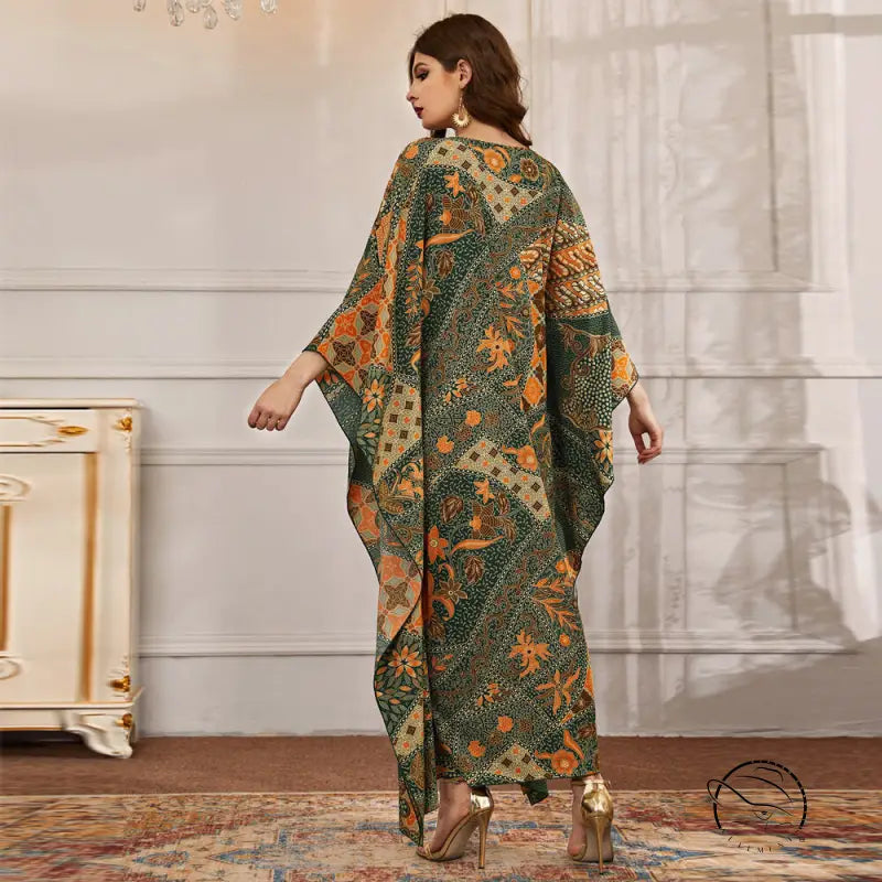 Elegant V-neck batwing sleeve langry fashion dress in dark green and orange floral patterns