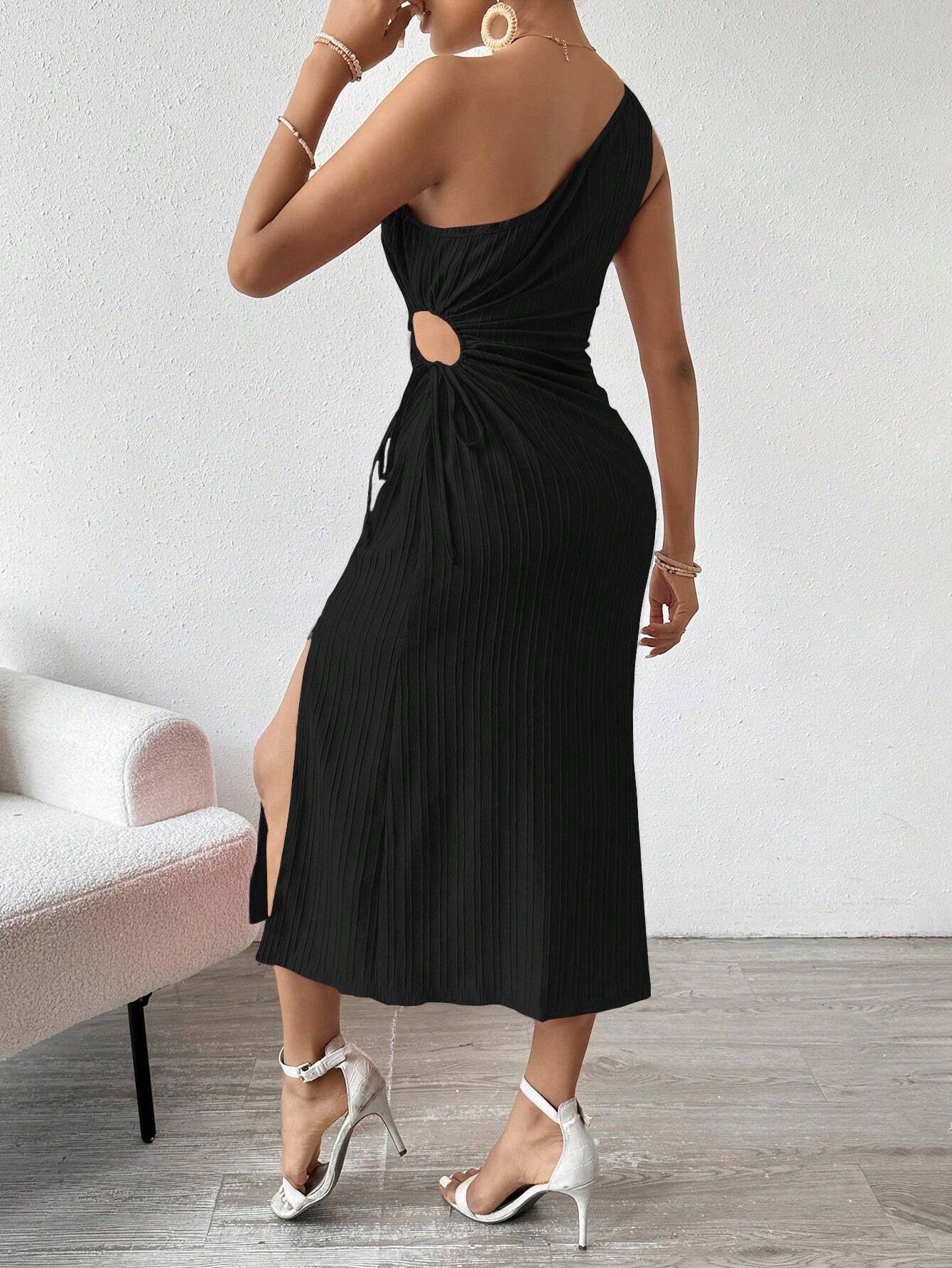 Elegant Sleeveless Shoulder Slit Dress in black, a stylish choice for langry fashion ملابس