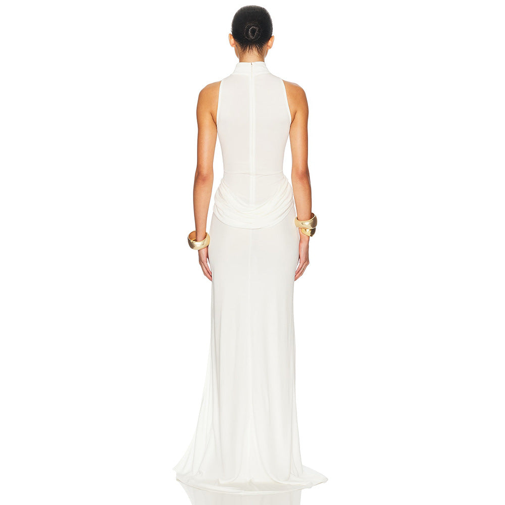 Langry fashion white sleeveless column gown with gold accents