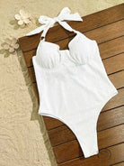 Elegant white embroidered halter-neck one-piece swimsuit