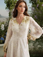 Enchanting langry cream floral embroidered maxi dress with bell sleeves and pearls