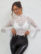 Slim fit bell sleeve Langry top with white lace and black faux leather leggings