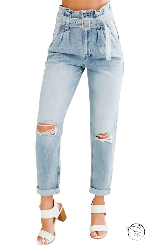 Light wash hole denim trousers with paper bag waist and white belt