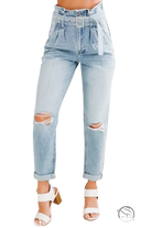 Hole denim trousers in light wash distressed high-waisted style