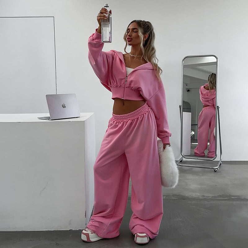 Pink langry fashion cropped hoodie and wide-leg sweatpants set