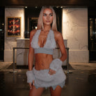 Elegant light blue fur-trimmed halter camisole hip skirt set by Langry fashion