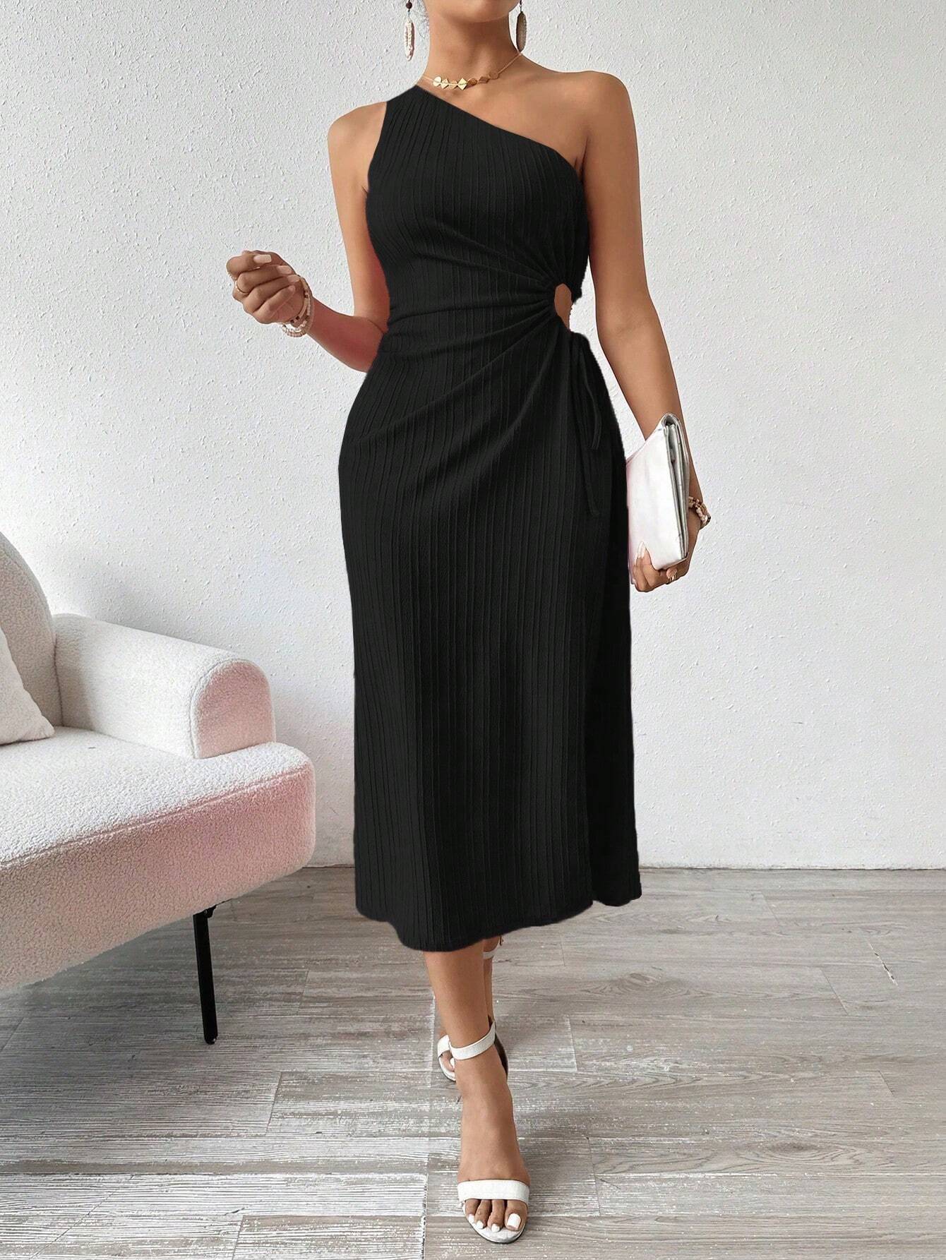 Black one-shoulder midi dress from Elegant Sleeveless Shoulder Slit Dress in langry fashion