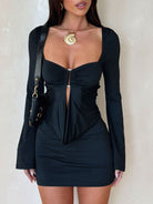 Pure Niche slim fit black long-sleeved fashion mini dress with square neckline and ruched front