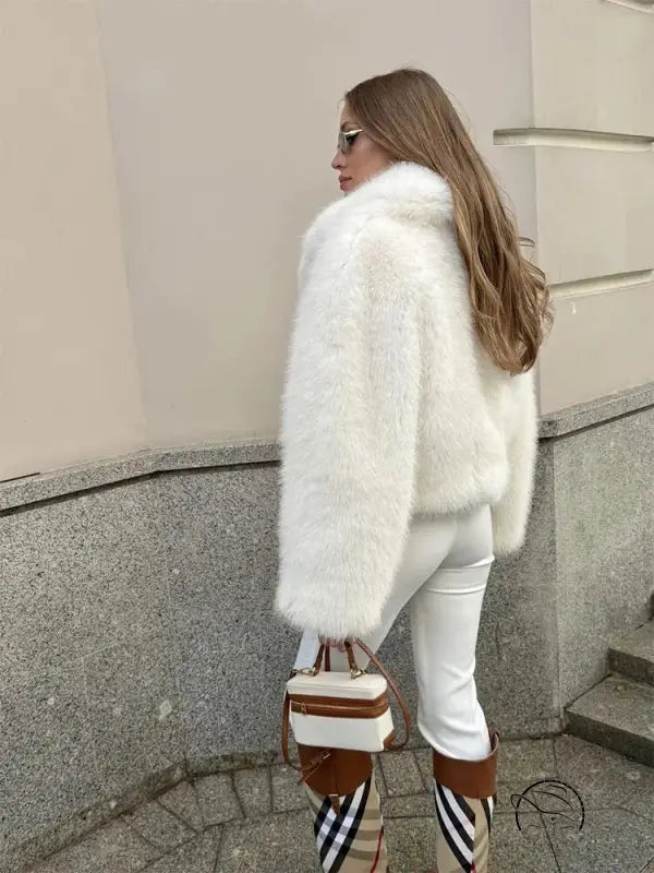 Gorgeous faux fur fox jacket with high collar and plaid boots