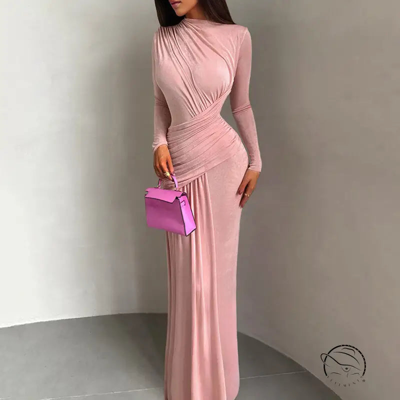 Dusty rose winter pleated slim fit maxi dress with ruched long sleeves
