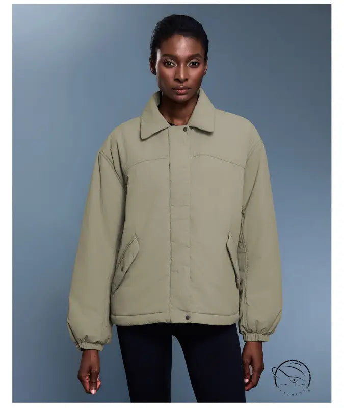 Langry fashion khaki bomber jacket with patch pockets and drawstring hem