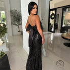 Amazing satin stitching dress in sequin black strapless gown with bow