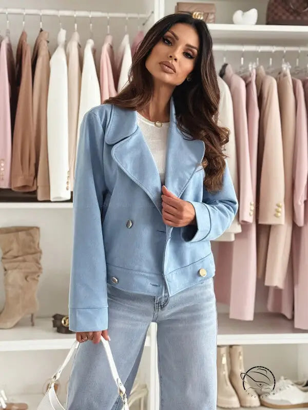 Slim langry fashion light blue denim jacket with gold buttons and black trim