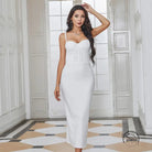 White sling dress with integrated fixed cups and slit midi design
