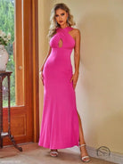 Pink backless thigh split sexy halter neck maxi dress