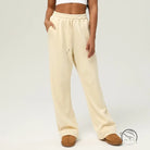 Cream-colored casual fitness yoga pants with drawstring and pockets