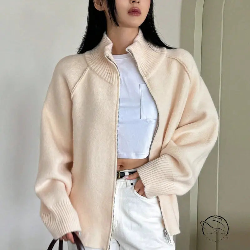 Winter Korean Stand Collar Zipper Knitted Cardigan Top