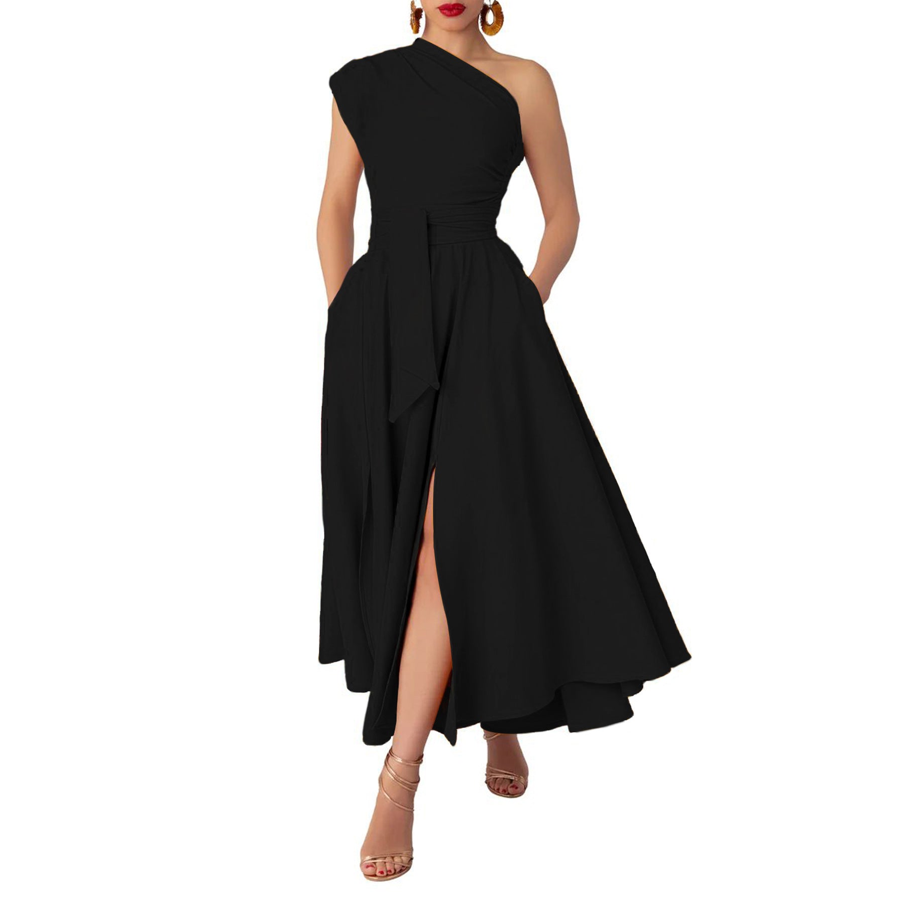 Black one-shoulder waist tight swing maxi dress with pockets and slit