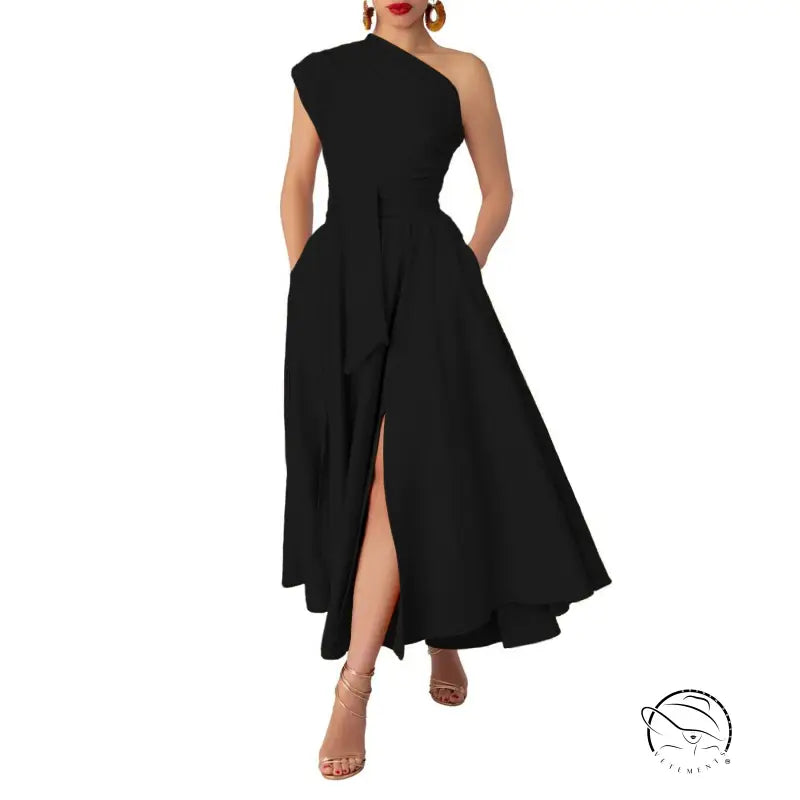 Black one-shoulder waist tight swing maxi dress with pockets and slit