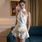 White off-shoulder Elegant High Grade Dress with floral accents, perfect for fashionable ملابس
