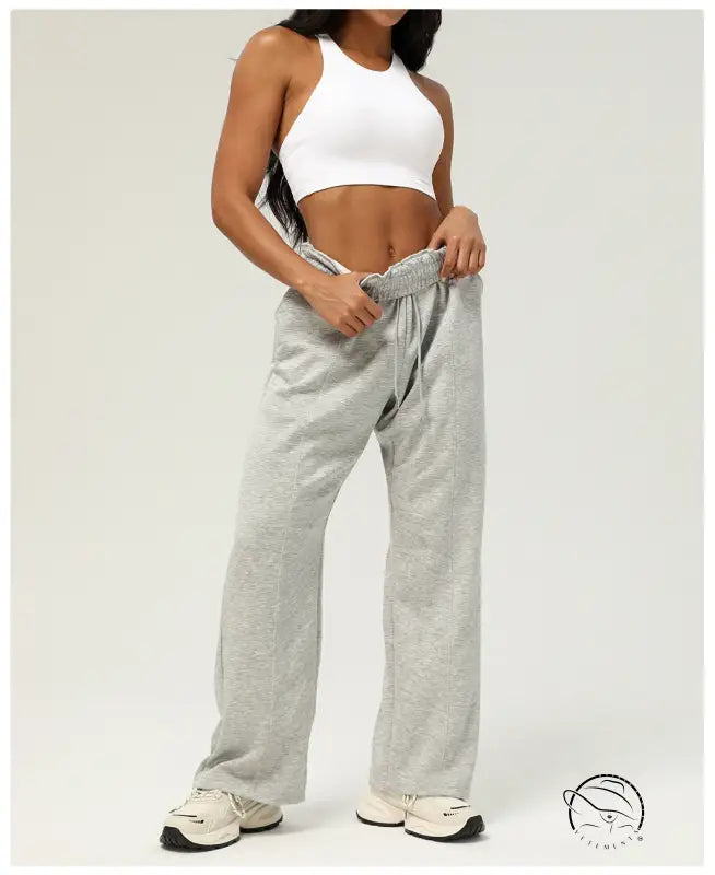 Light gray casual fitness yoga pants with drawstring waistband and straight-leg cut