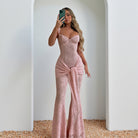 Elegant blush pink lace mermaid gown with high slit, langry fashion ملابس