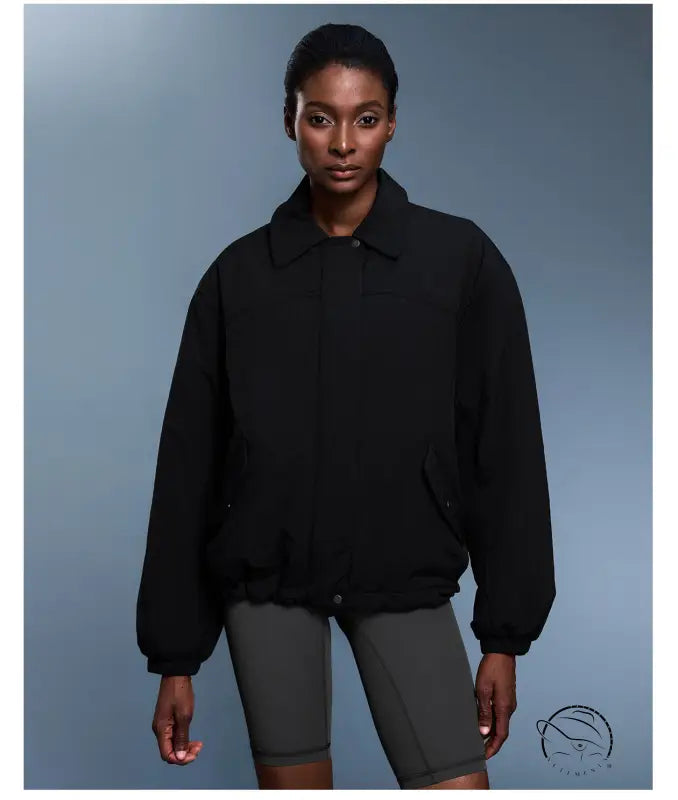 Langry black zip-up cotton padded bomber jacket, fashion coat