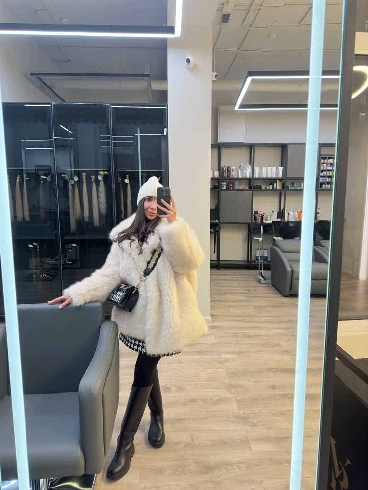 Langry faux fur mid-length jacket with cream fur, black trim, white pom-pom hat