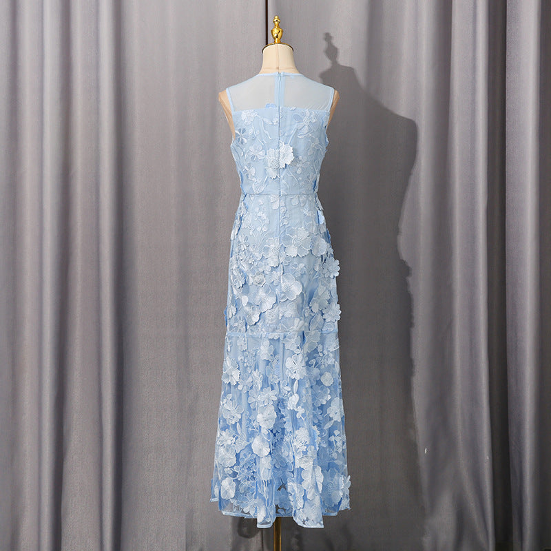 Elegant langry fashion light blue lace fishtail gown with white floral appliques