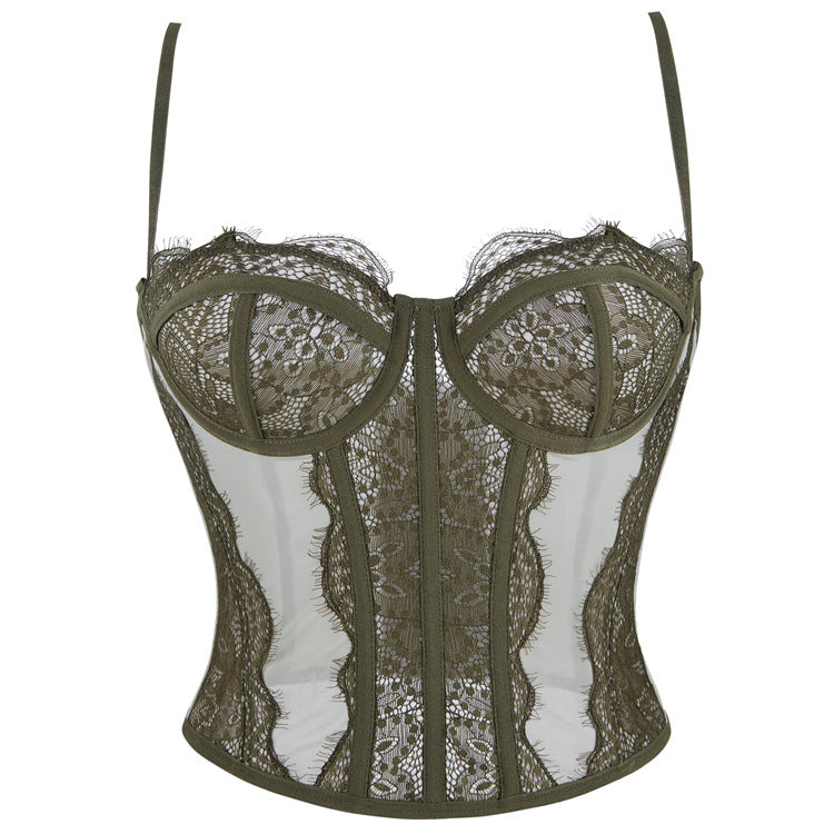 Langry olive green lace camisole outerwear top bra with adjustable straps