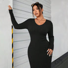 Black ribbed long-sleeve winter minimalist slim fit sheath dress