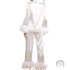 Elegant pajamas suit in white satin ice silk with feather trim