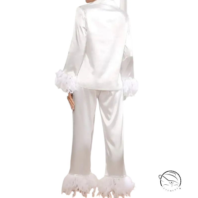 Elegant pajamas suit in white satin ice silk with feather trim