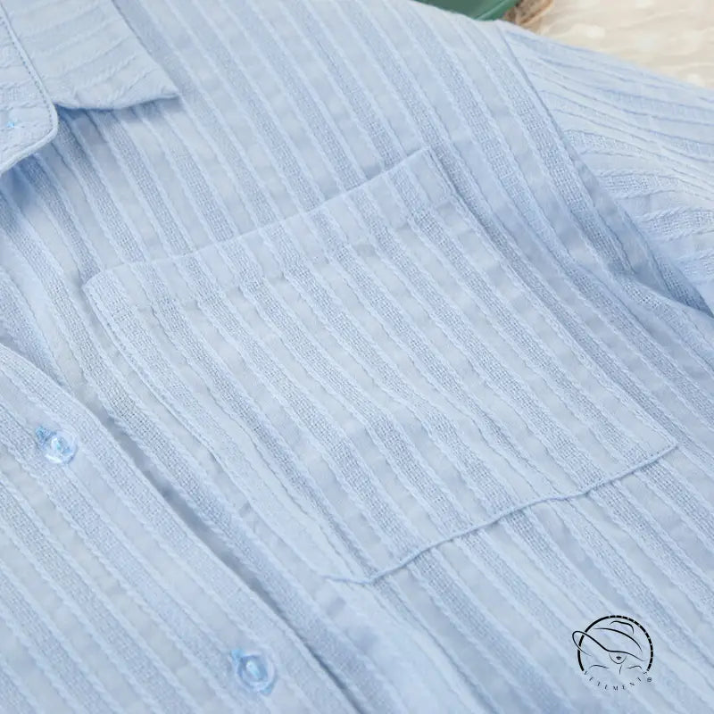 Light blue striped pure cotton long sleeves home wear shirt with chest pocket