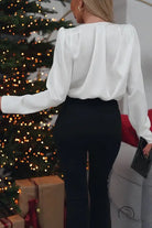 Floral decoration shirt top: white long-sleeved blouse with shoulder pads and black pants