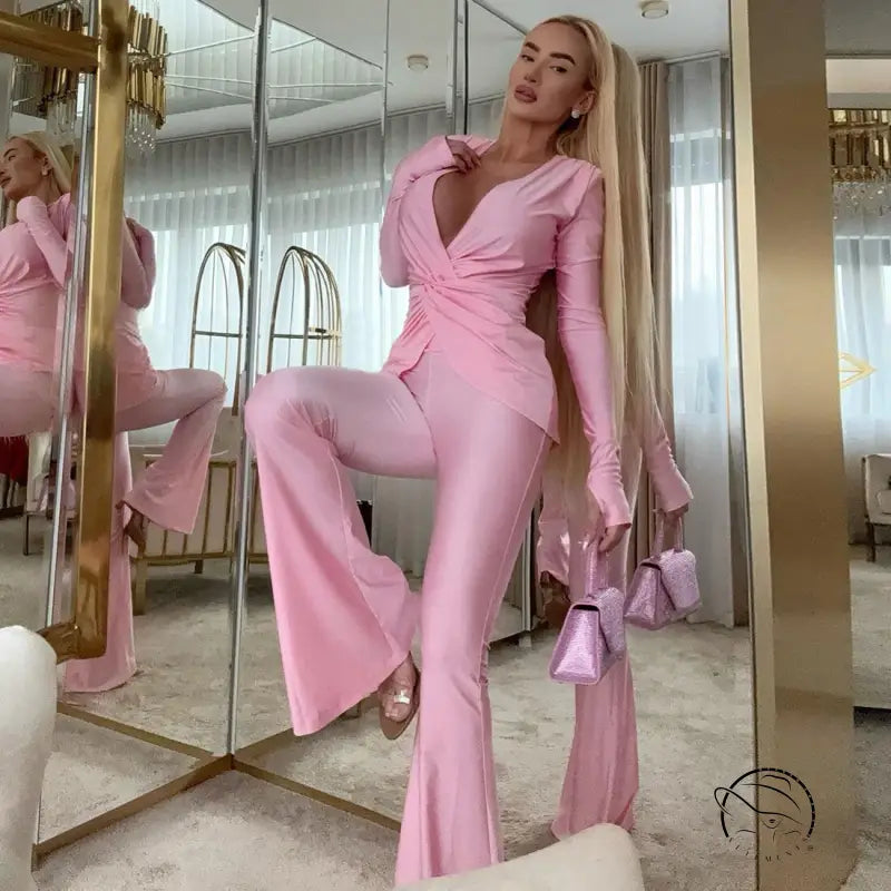 Elegant long sleeve pink satin jumpsuit with ruffles and high slit