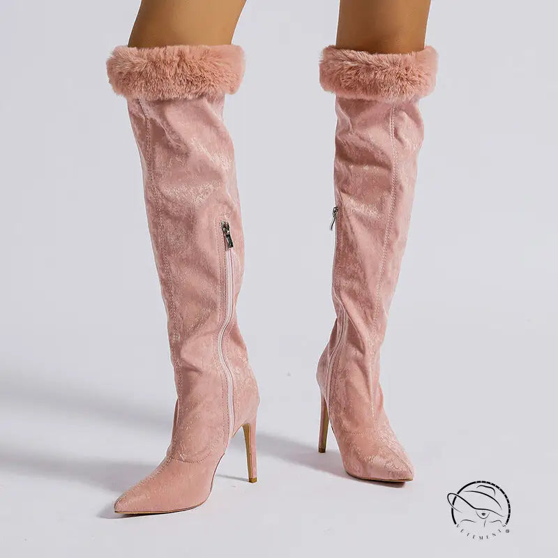 Pink heel high leg boot with fur-trimmed thigh-high stiletto