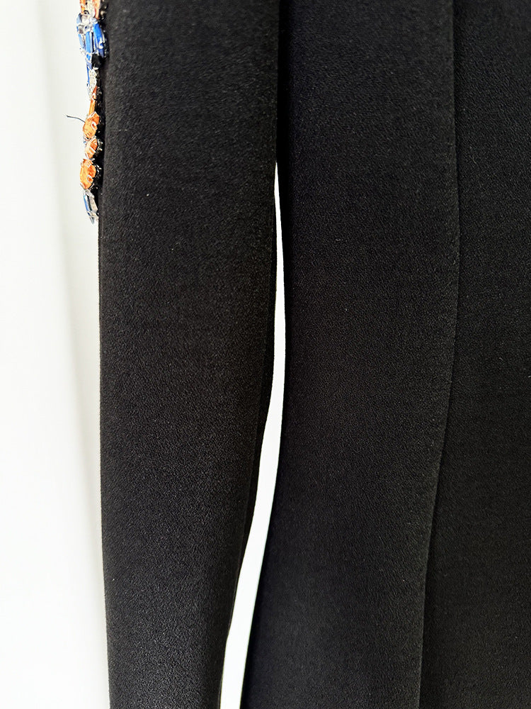 Autumn Winter Star Heavy Industry Beads Diamond Embedded Long Sleeve Mid Length Dress