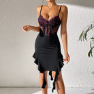 Black and pink lace dress from Women Wear Sling Lace Hem Slit Ruffled Maxi Dress, perfect for fashion and ملابس