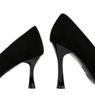 Langry fashion black suede stiletto heels with glossy patent accents
