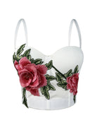 White langry embroidered floral corset top with green leaves