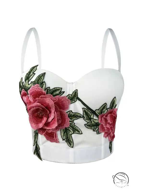 White embroidered floral corset top with green leaves, Langry fashion ملابس