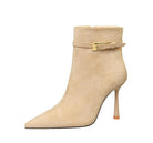 Langry fashion beige suede ankle boot with gold buckle detail