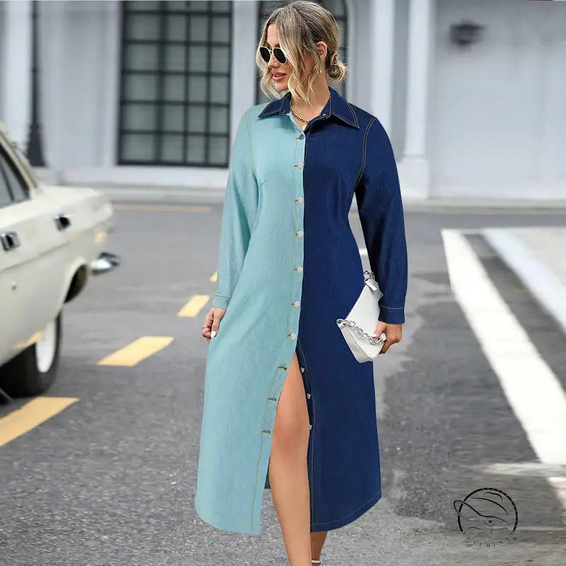 Beautiful denim stitching midi shirtdress with color-block collar